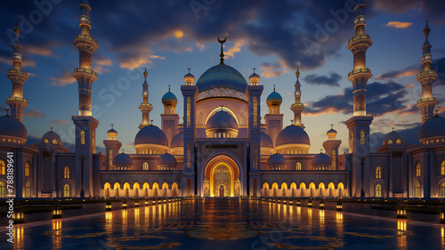 3D visualization of a mosque illuminated with dazzling lights and vibrant colors during the festive occasion of Eid Al Adha. Generative Ai.