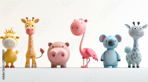 Cute animal assortment of giraffe, hippopotamus, horse, ostrich, koala, white background photo