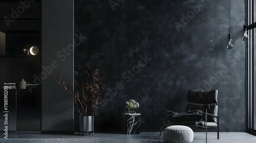 Fototapeta Naklejka Na Ścianę i Meble -  Modern dark home interior background, wall mock up, 3d render