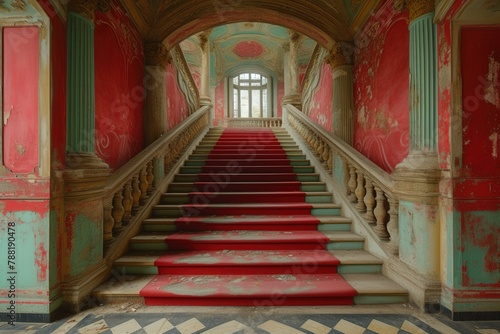 a close up of a staircase with red carpet and a red carpet