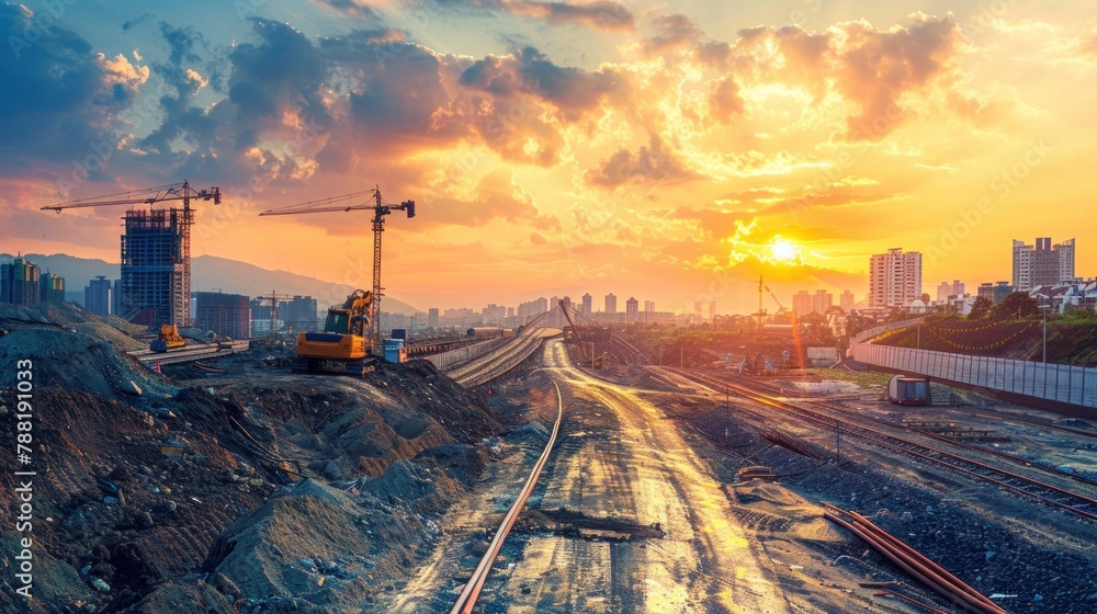 Civil construction encompasses the planning, excavation, foundation laying, and structural assembly required for infrastructure projects like roads, bridges, and buildings. - obrazy, fototapety, plakaty 