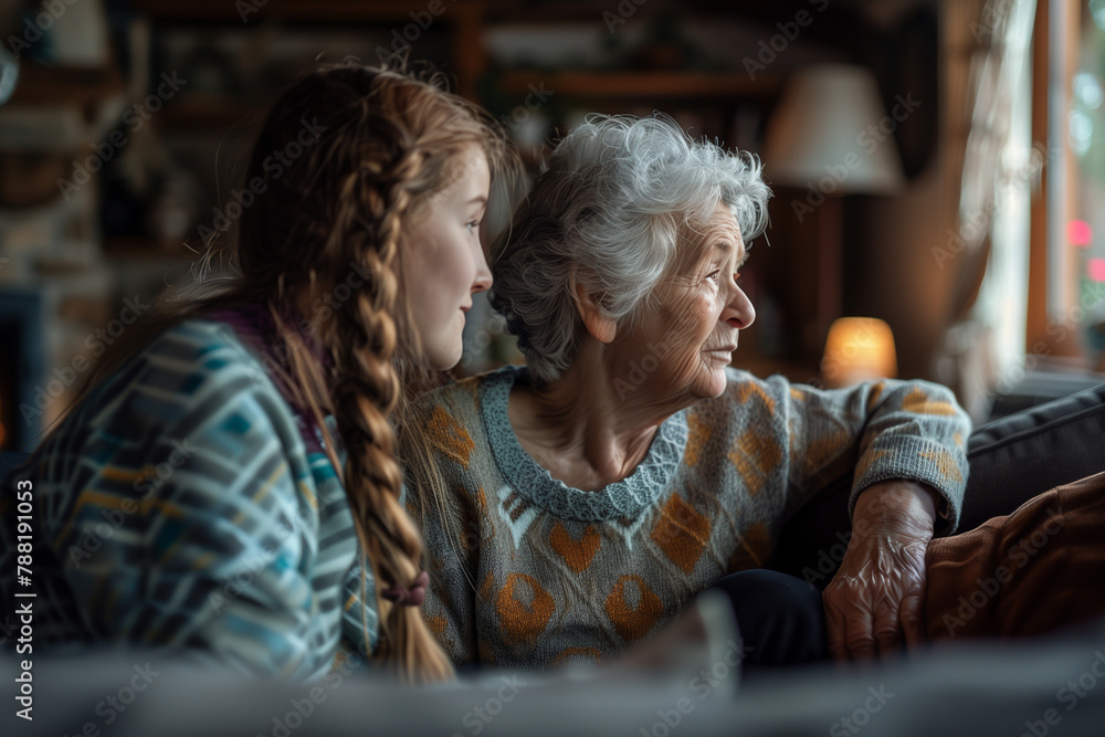 Older Woman and Younger Woman Sitting on Couch Older Woman and Younger Woman Sitting on Couch