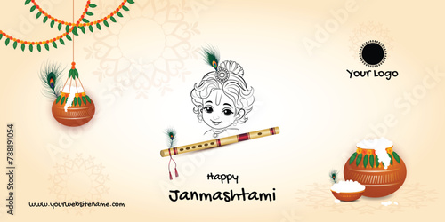 Happy janmashtami matki and bansuri with lord krishna illustration banner post design
