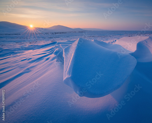 View of snowy Arctic tundra in Vorkuta, Russia. photo