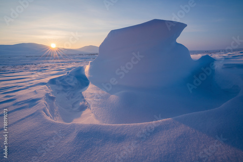 View of snow-covered tundra in winter, Vorkuta, Komi Republic, Russia. photo