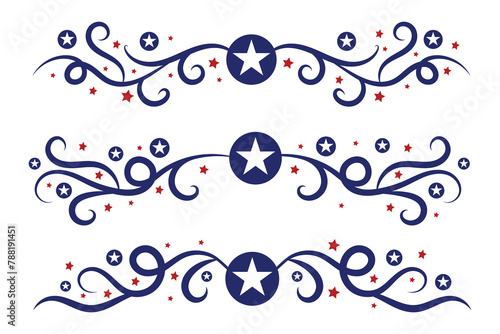 4th of July lettering header Ornate swirls, patriotic red stars, and blue Elegant fancy separators Decorative Elements, American Independence Day Calligraphy Flourishes text dividers