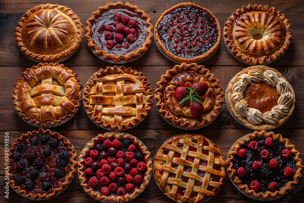Assorted fall pies flat lay on brown wood plank table, Thanksgiving seasonal baking Assorted fall pies flat lay on brown wood plank table, Thanksgiving seasonal baking