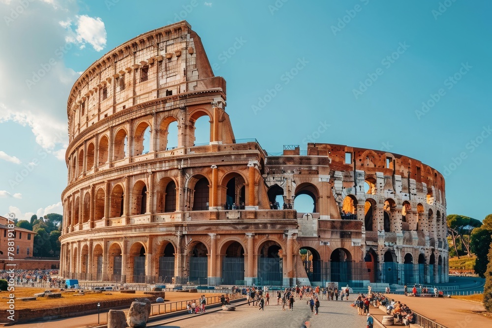 The towering Roman Colossion monument in Rome, Italy, showcasing its grandeur and historical significance, An ancient Roman Colosseum, AI Generated