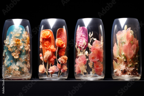 Dried flowers in a glass jar on a black background, close-up