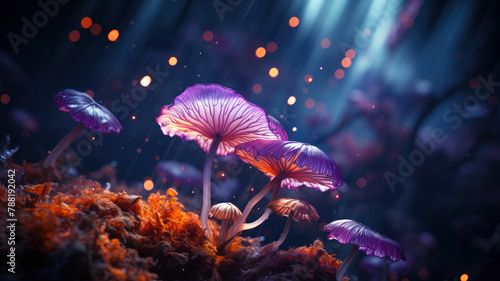 Mushrooms in the forest at night. Fantasy magic mushrooms.