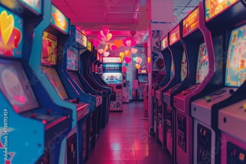A lineup of arcade machines arranged in a neat row, ready to provide entertainment and gaming experiences for players, An arcade-themed pop art Valentine's Day, AI Generated © Ifti Digital
