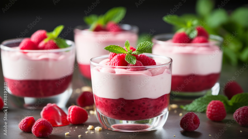 Delicious dessert with fresh raspberries and yogurt in a glass Delicious dessert with fresh raspberries and yogurt in a glass