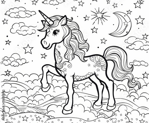 A beautiful cute baby unicorn surrounded by stars and clouds in the style of coloring markers