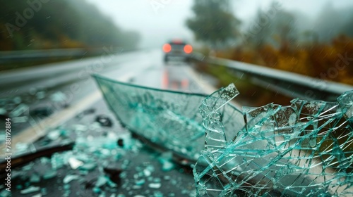 Vivid view through a broken windshield with a focus on the glass shards, concept of road safety and accident aftermath