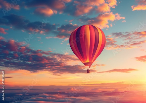 Majestic Hot Air Balloon Soaring Over Clouds at Sunset Sky