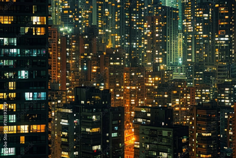 A City at Night With Numerous Tall Buildings, An array of skyscrapers lit with millions of windows at night, AI Generated