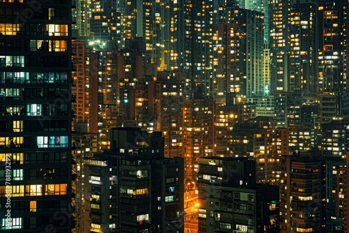 A City at Night With Numerous Tall Buildings, An array of skyscrapers lit with millions of windows at night, AI Generated