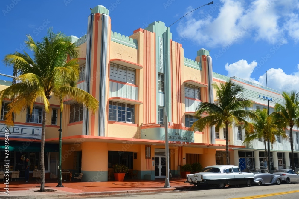 A photo of a building surrounded by palm trees with cars parked on the side of the street, An Art Deco hotel in Miami, AI Generated