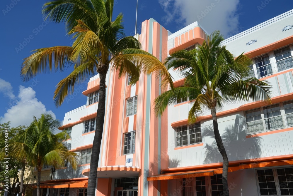A photo of a pink and white building with palm trees in front, creating a colorful and tropical setting, An Art Deco hotel in Miami, AI Generated