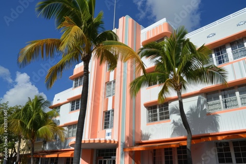 A photo of a pink and white building with palm trees in front, creating a colorful and tropical setting, An Art Deco hotel in Miami, AI Generated © Ifti Digital