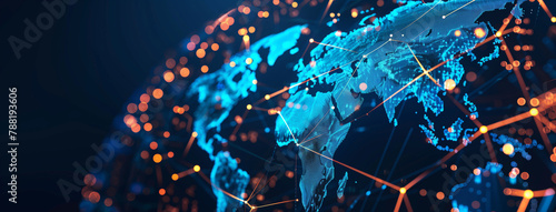 Earth Abstract digital world map, concept of global network and connectivity on Earth, data transfer and cyber technology, information exchange and international telecommunication, Ai