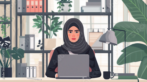 Muslim Woman in Hijab Working in Modern Office or Cafe