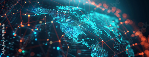 Cables Abstract digital world map, concept of global network and connectivity on Earth, data transfer and cyber technology, information exchange and international telecommunication, Ai