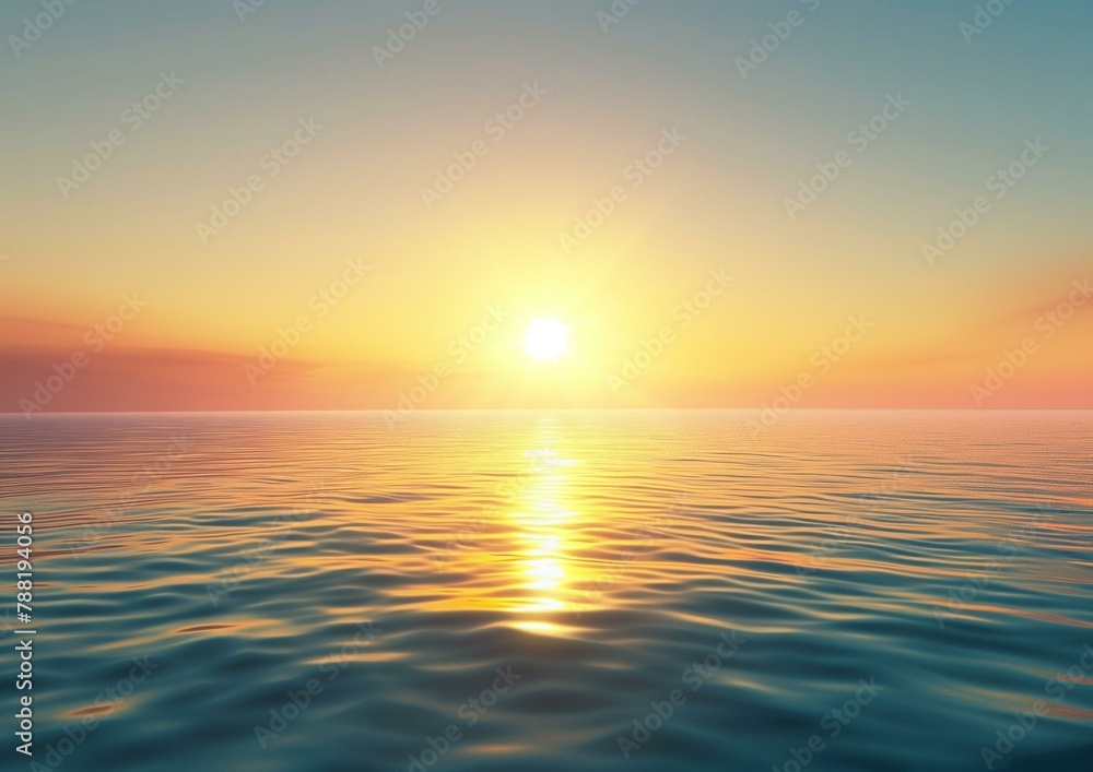 Tranquil Sunrise Over Calm Sea Horizon with Radiant Sunlight Reflection