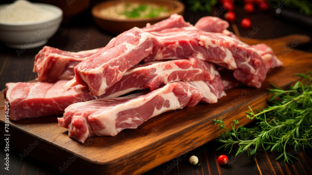 Raw pork ribs on cutting board with herbs and spices on wooden background