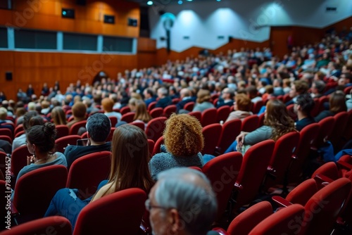A diverse group of individuals attentively listening to a speaker in a lecture hall filled with rows of seats, An auditorium full of people attending a finance seminar, AI Generated