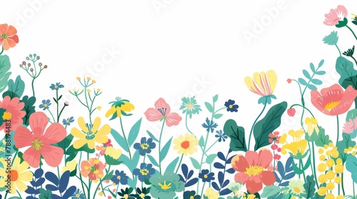 Floral patterns around edges. Beautiful background with delicate plants blooming at edges on white backdrop. Horizontal border with pastel spring summer flowers © MUS_GRAPHIC