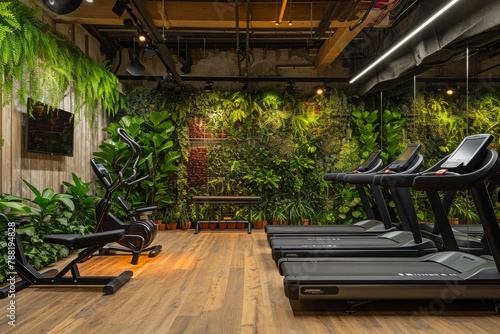 A photo of a gym featuring a row of treadmills in front of a vertical wall covered with lush green plants, An eco-friendly gym with sustainable equipment, AI Generated