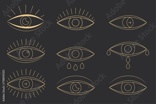 Set of esoteric eye symbols, eye of the Illuminati or Providence. Alchemical mystical magical elements symbol of spiritual vision or witchcraft. Objects of black spiritual occultism.