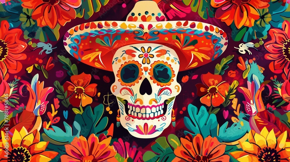 Mexican skull in sombrero among flowers Mexican skull in sombrero among flowers