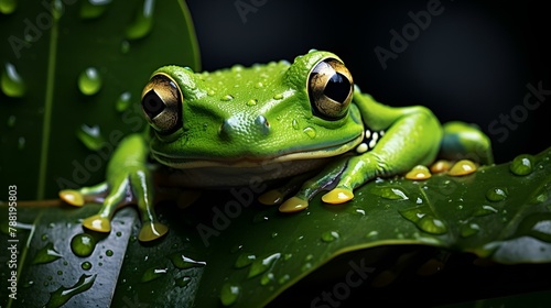 Close-up green frog on a leaf 
