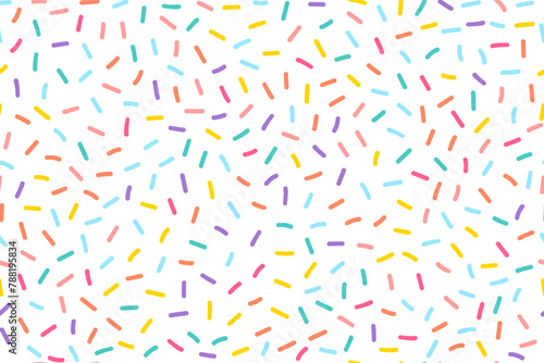 Hand-drawn cartoon pastel confetti or donut sprinkles seamless pattern. Colorful sweet candy, cake topping background texture. Design elements for poster, card, cover, and banner. Vector illustration