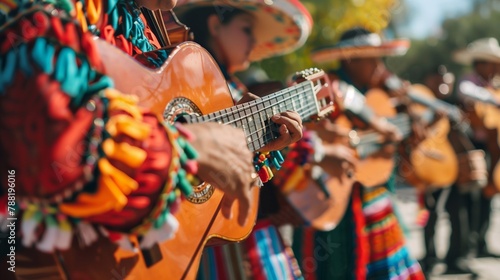 Mexicans play guitar in traditional clothes photo