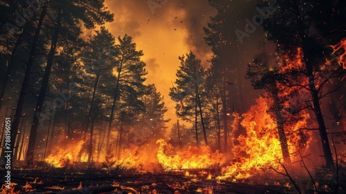 A Raging Forest Wildfire at Night