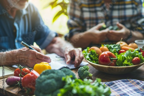 Photo of a senior man discussing his dietary needs with a nutritionist with a close up on their hands and the diet plan emphasizing personalized nutrition advice