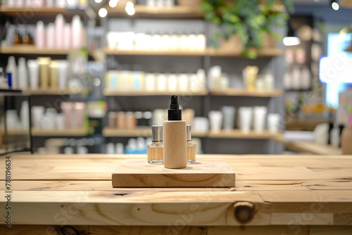 Weathered wooden product table display, cosmetic shop on background