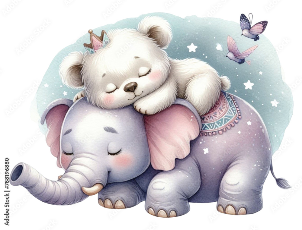 Bear sleeping on elephant's backclipart watercolor
