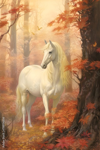 Vintage Antique old illustration of a white unicorn in an orange autumn forest style oil painting realistic art wall print background  invitation card  fairytale  children s book