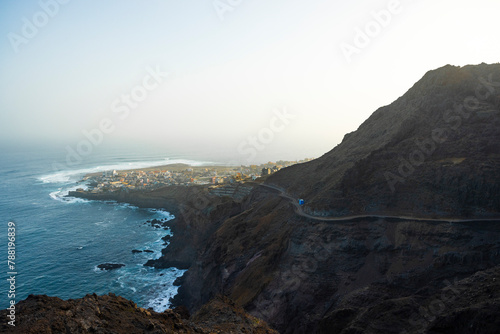 View of coastline, cliffs and road from Fontainhas looking at Ponta do Sol, North of Santo Antao island, Cape Verde. photo