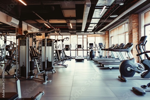 A Gym Filled With a Variety of Exercise Equipment, An empty gym filled with various types of fitness equipment, AI Generated photo