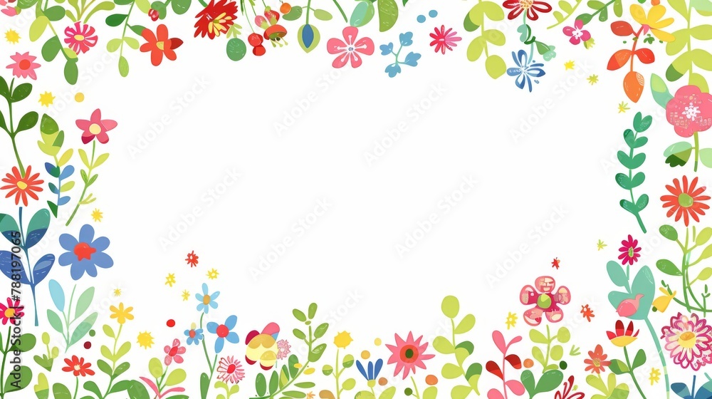 Floral patterns around edges. Beautiful background with delicate plants blooming at edges on white backdrop. Horizontal border with pastel spring summer flowers