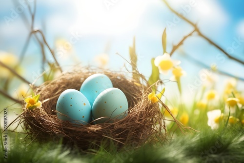 Nest with easter eggs in grass on a sunny spring day - Easter decoration, banner, panorama, background invitation card blue sky daisies 