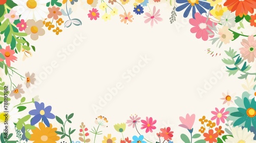 Floral patterns around edges. Beautiful background with delicate plants blooming at edges on white backdrop. Horizontal border with pastel spring summer flowers