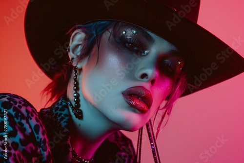 Portrait aesthetic young queer cowboy, drag queen with cowboy hat