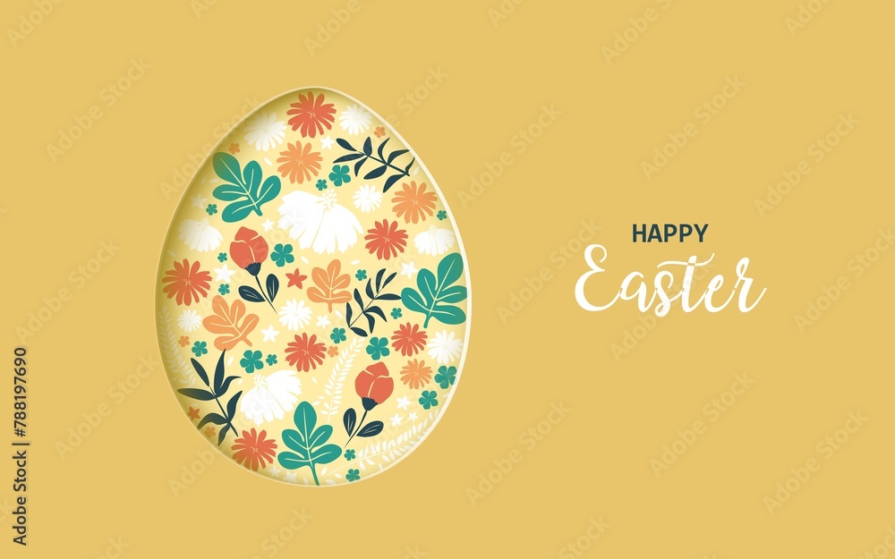 Illustration. Happy Easter. Postcard with a cute cut-out Easter egg and the inscription Illustration. Happy Easter. Postcard with a cute cut-out Easter egg and the inscription
