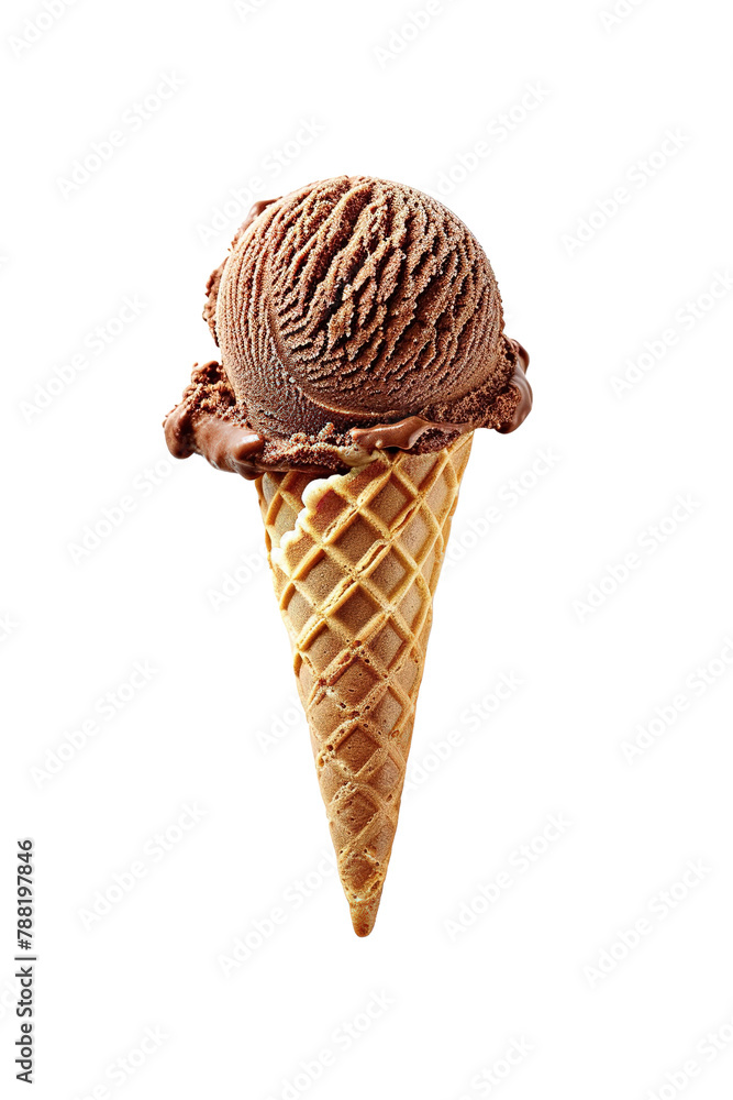 Ice cream cone with a scoop of chocolate ice cream, on isolated transparent background Ice cream cone with a scoop of chocolate ice cream, on isolated transparent background